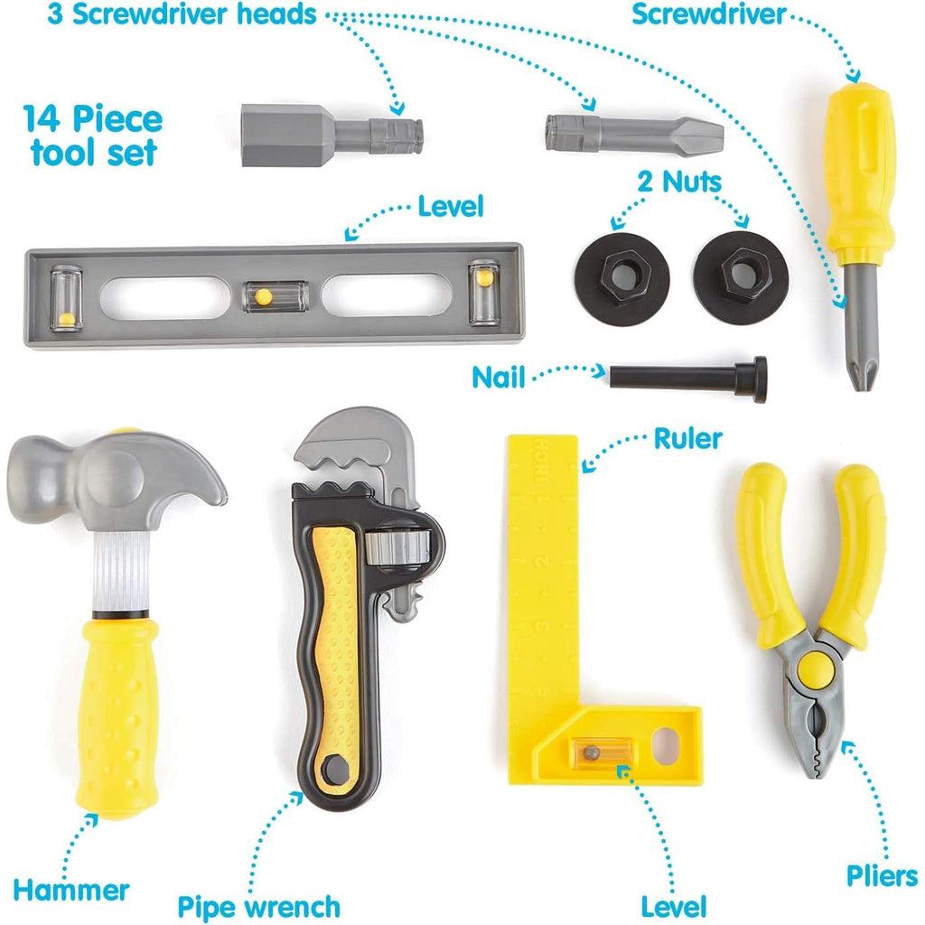 The picture shows all the tools, 3 screwdriver heads, a screwdriver, a level, 2 nuts, a nail, pliers, a pipe wrench a hammer, and a L shaped level. 