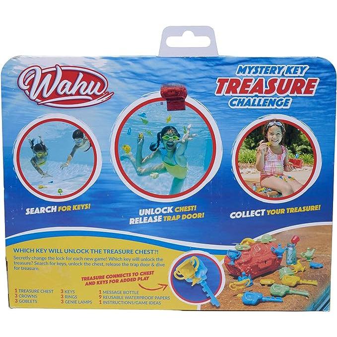 back of the packaging shows 3 images showing the steps for kids to use to play with this: Dive for the right key, unlock the chest and release the treasures into the water, then collect the treasures