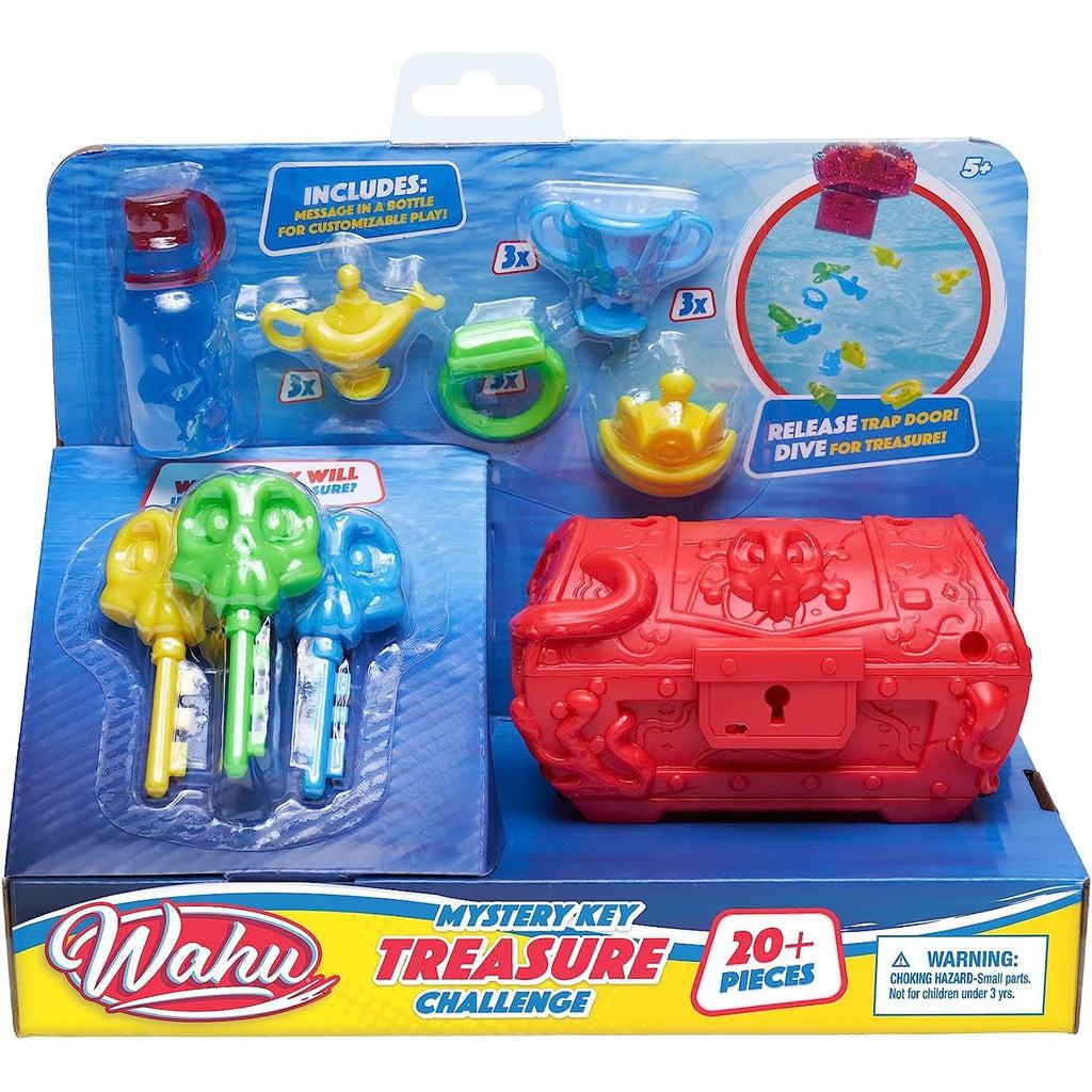 packaging shows off the red treasure chest out in the open attached to the half box packaging at the bottom. The plastic keys and treasures are in plastic bubble packaging to the side of the chest
