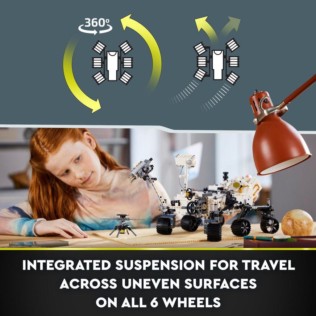 integrated suspension for travel across uneven surfaces on all 6 wheels