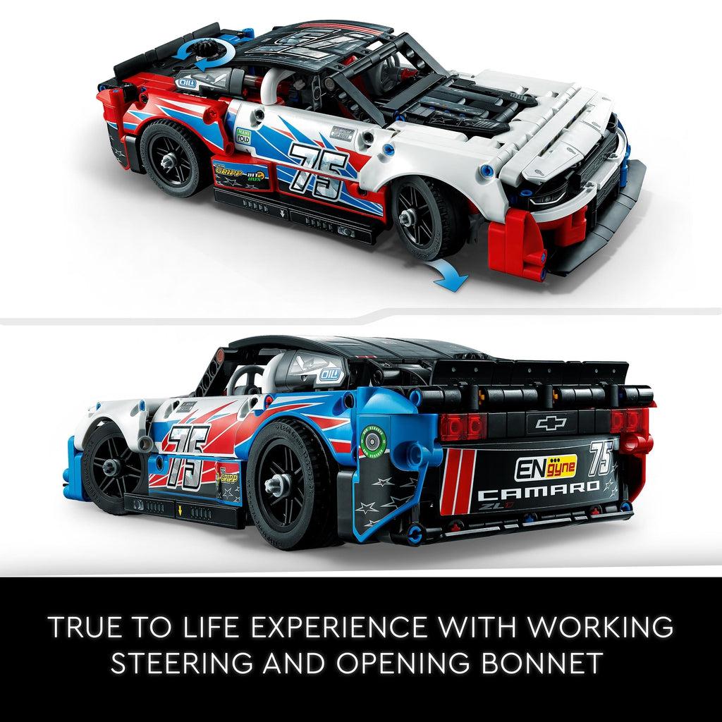 top shows the car features working steering that turns the wheels | bottom shows the car from a rear view | Text reads: True to life experience with working steering and opening bonnet