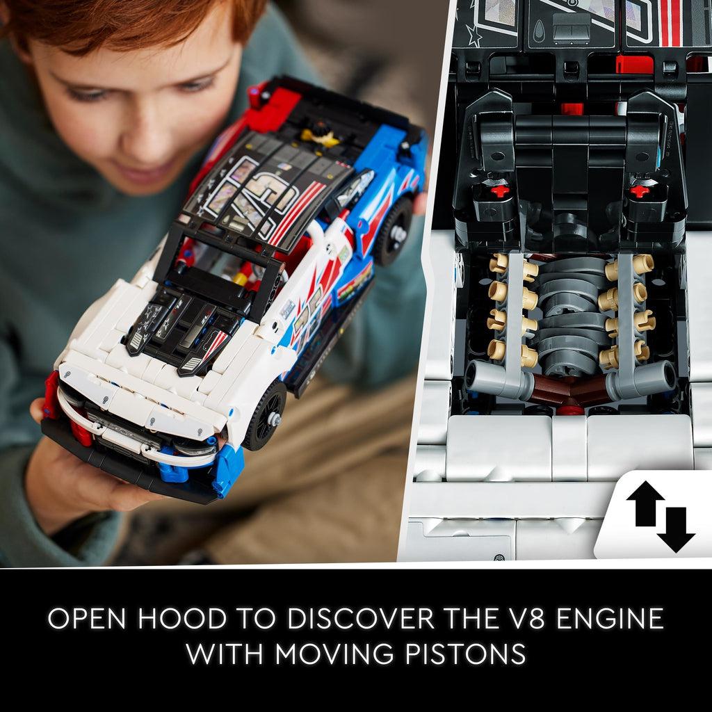kid examines finished car next to a close up image of the lego engine | Text reads: open hood to discover the V8 engine with moving pistons