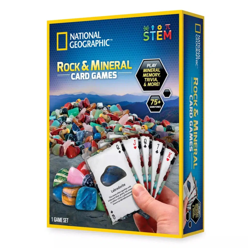 This image shows the box alone. there are over 75 gems inside and a hand is holding a hand of cards with rock facts. play mineral memory, trivia and more