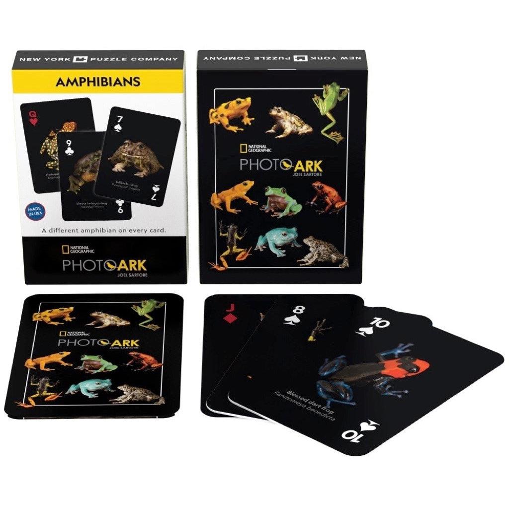 Image of the card box, the back of the deck of the cards, and the face of three of the cards. Each card has a black background to emphasize the pictures of the amphibians. 