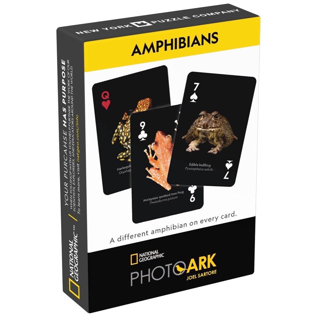 Image of the box for the NatGeo Amphibians Card deck. On the front is a picture of three sample cards from the included deck. It shows that there is a different amphibian on every card.
