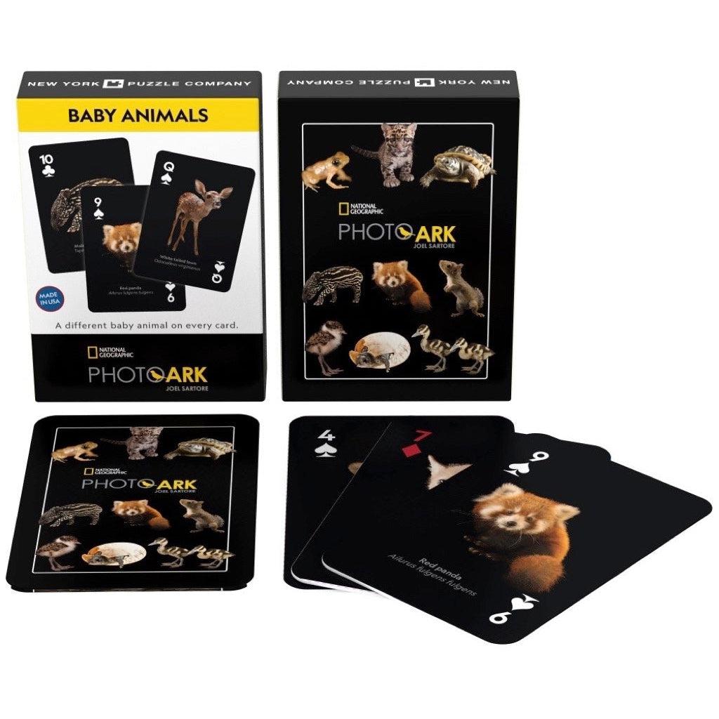 Image of the box, the back of the deck of cards and the front of three of the cards. All the cards have a black background to them to emphasize the animal pictures.