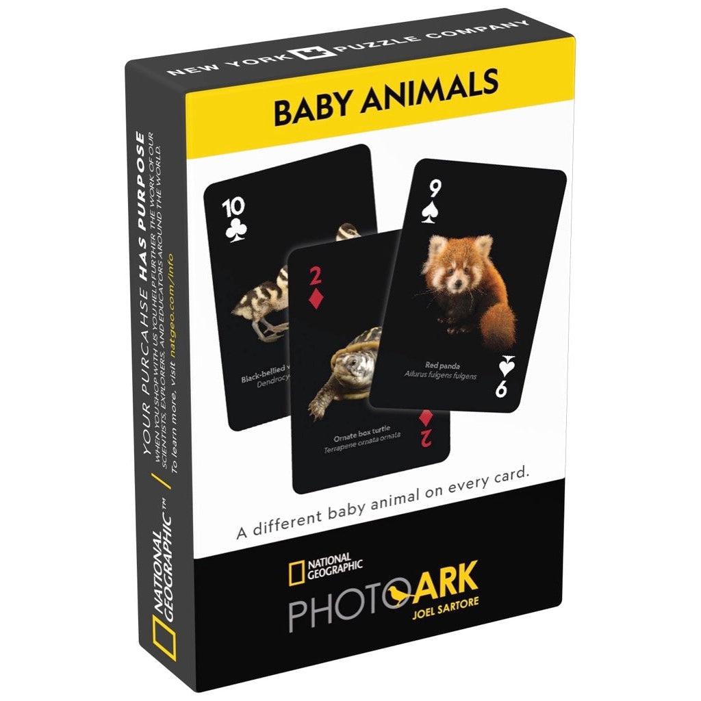 Image of the box for the NatGeo Baby Animals Cards. On the front is a picture of 3 different cards from the included deck. It shows that a different baby animal is on every card.