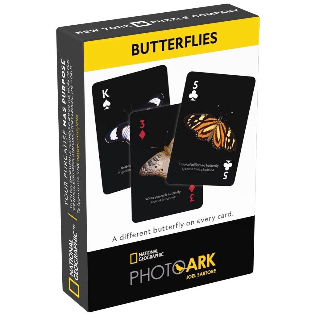 Image of the box for the NatGeo Butterflies card deck. On the front is a picture of three example cards with pictures of different butterflies on it. It shows that there is a different butterfly on every card.