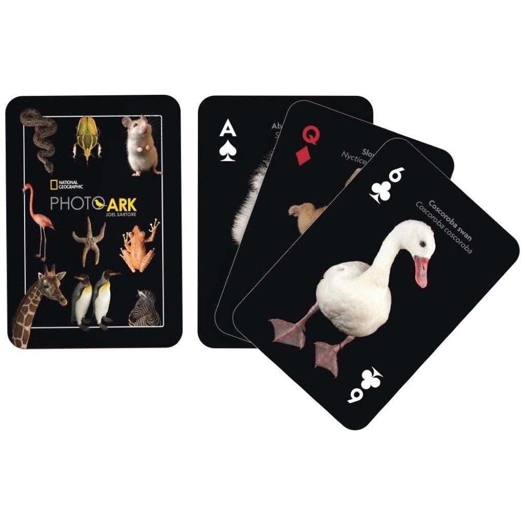 Image of the back of the deck of cards. It has 9 pictures of animals on it. Some examples include snakes, giraffes, penguins, and mice.