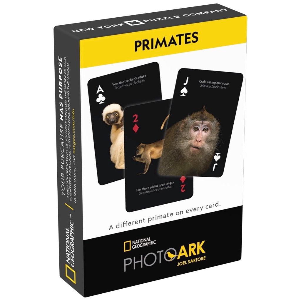 Image of the box for the NatGeo Primates card deck. On the front is a picture of three cards with photos of primates on them. It shows that there is a different primate on every card.