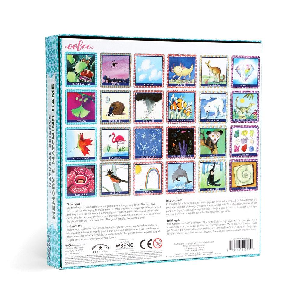 this image shows the back of the box. there are 24 unique cards with a pair for a matching game to learn facts about natural science. 