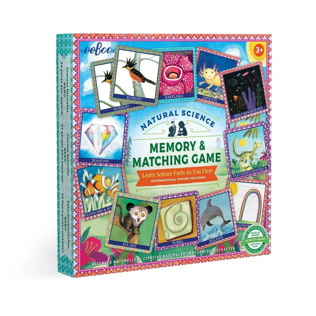 this image shows the memory and matching game from eeBoo with the natural science theme. a tag says learn science facts as you play! in the center. there are images of colorful cards that can be matched together for a fun memory game. 