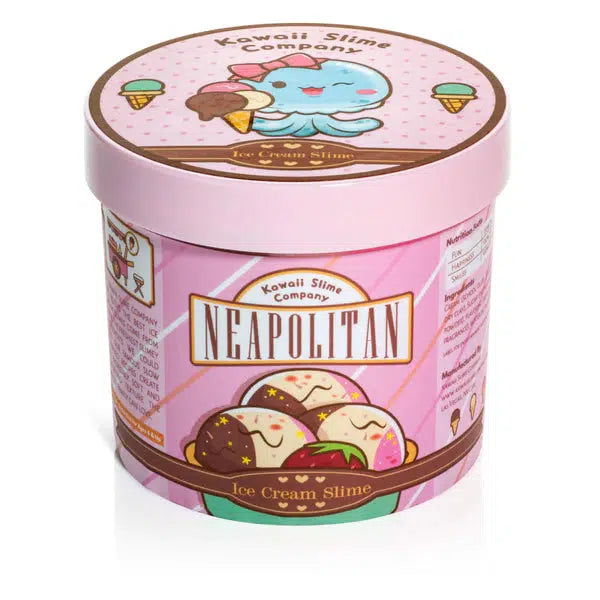Image of the packaging for the Neapolitan Scented Ice Cream Pint Slime. It comes in a realistic looking ice cream container that you might get it confused with the real thing!