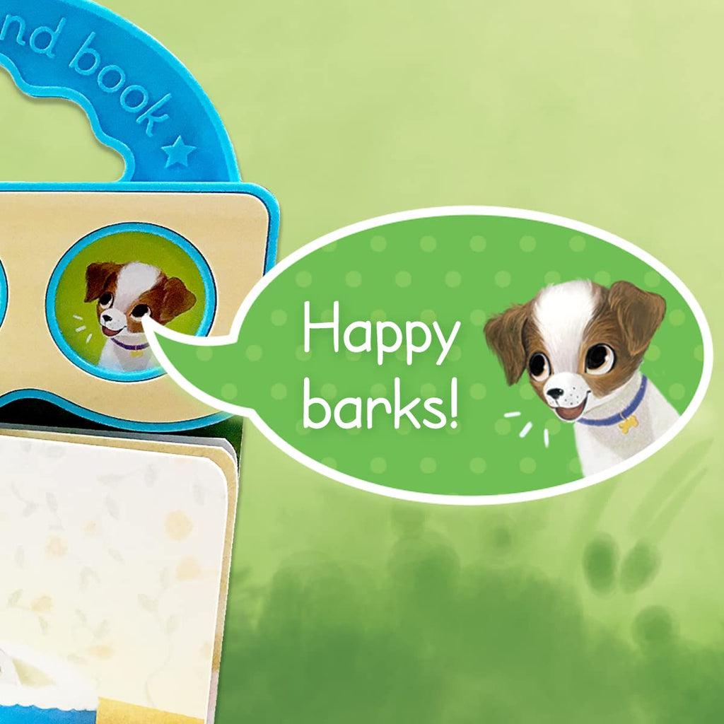 Shows that the green button with a picture of the dogs face makes happy bark noises.
