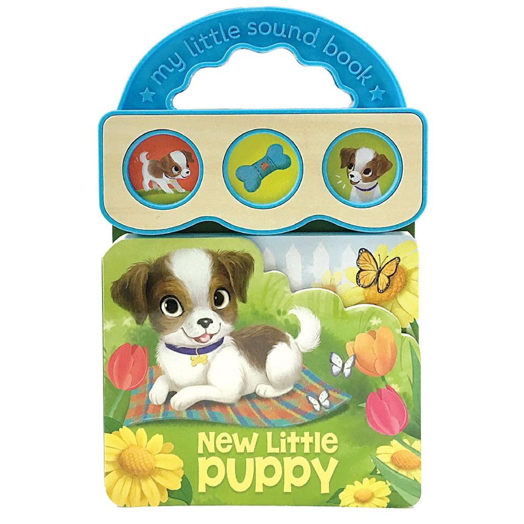 Image of the cover for the New Little Puppy sound book. On the cover is an illustration of a brown and white dog and above the book are three buttons that trigger sounds each with a different picture on them.