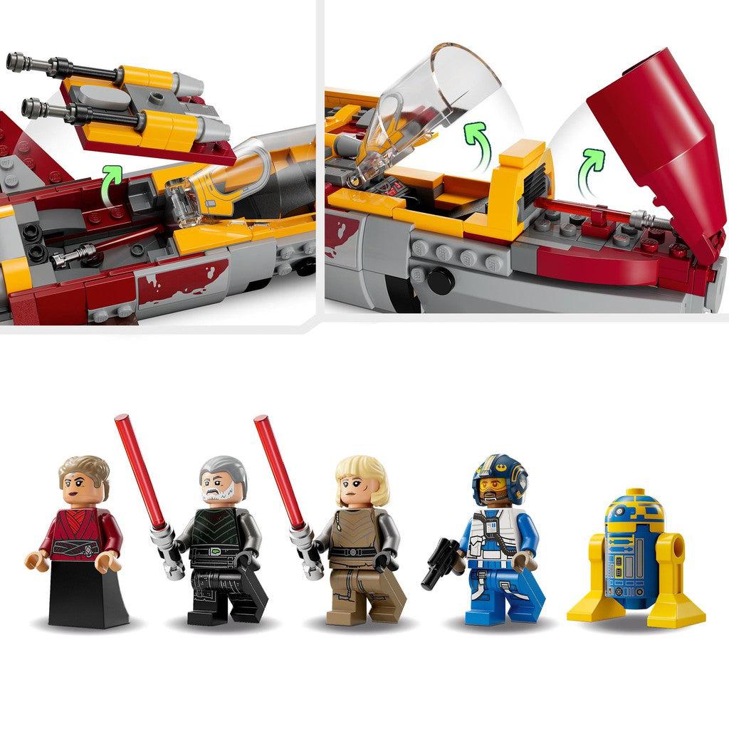 the image shows the starfigher can open up and hold 2 of teh 5 LEGO Star Wars Character accessories that come with the ships. 
