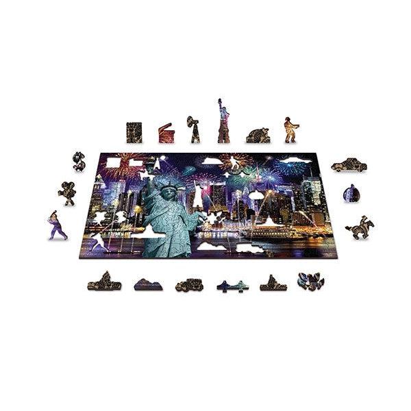 Shows that in the wooden puzzle, there are areas with specialty silhouette pieces outlines by the other pieces.