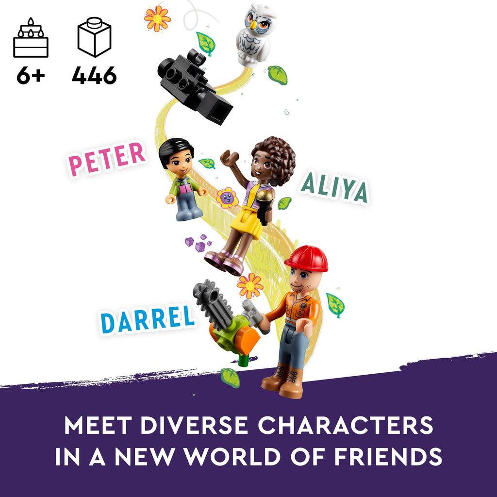 for ages 6+ with 446 LEGO pieces. Meet diverse characters in a new world of friends. Peter, Darrel, and Aliya 
