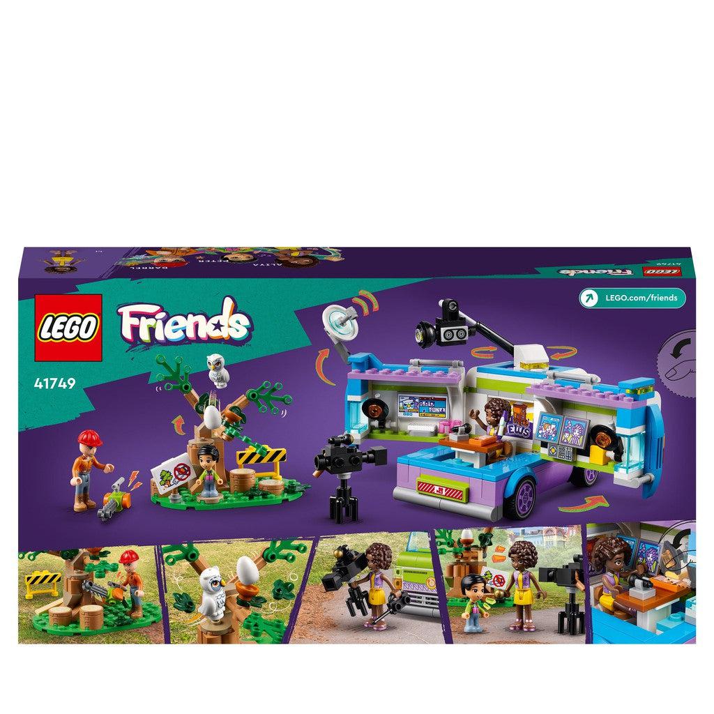 image shows the back of the box with the news van that can open up to play inside and a LEGO tree to report in front of