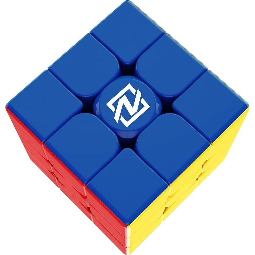 Shows that on each blue side of their cubes, there is a Nexcube logo on it. This is a speed cube with rounded edges for easier turning.