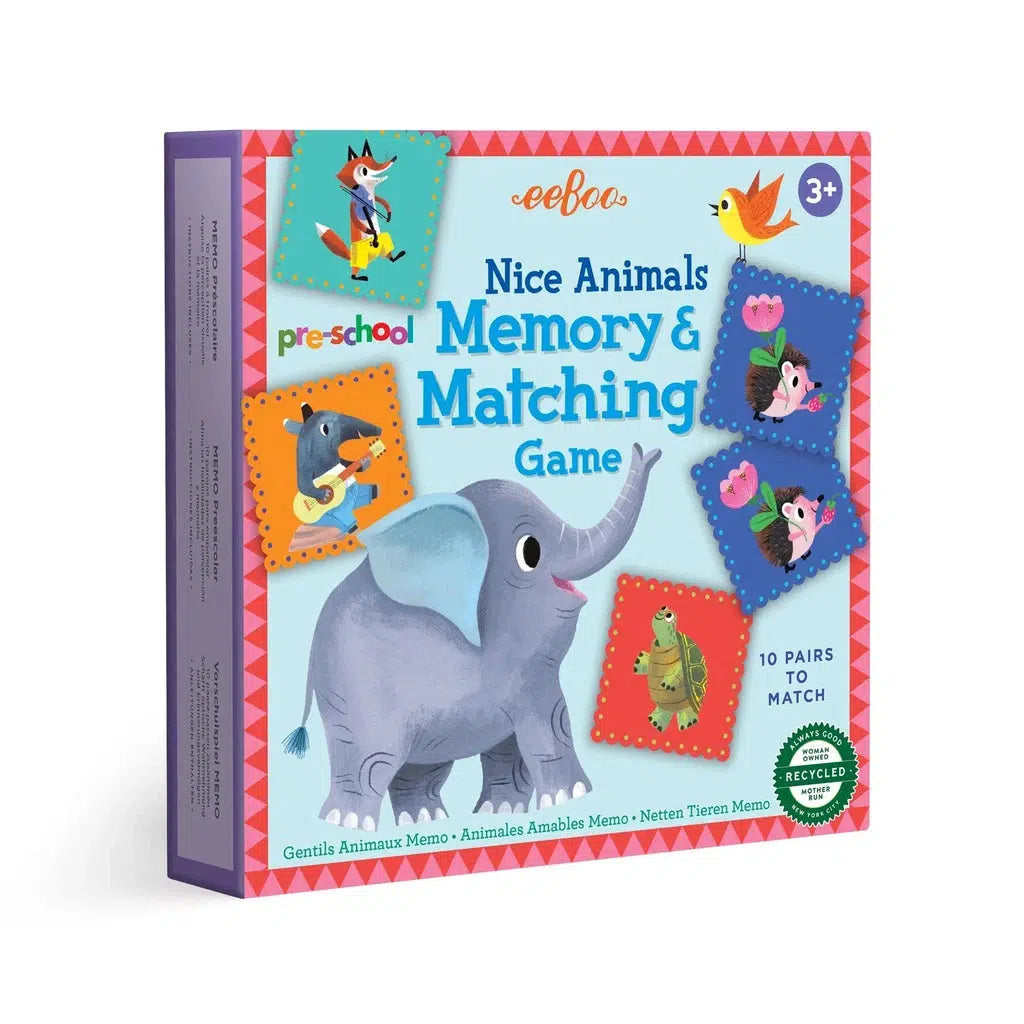 an elephant is on the cover of the box for the memory and matching game. there are ten pairs to match in the game
