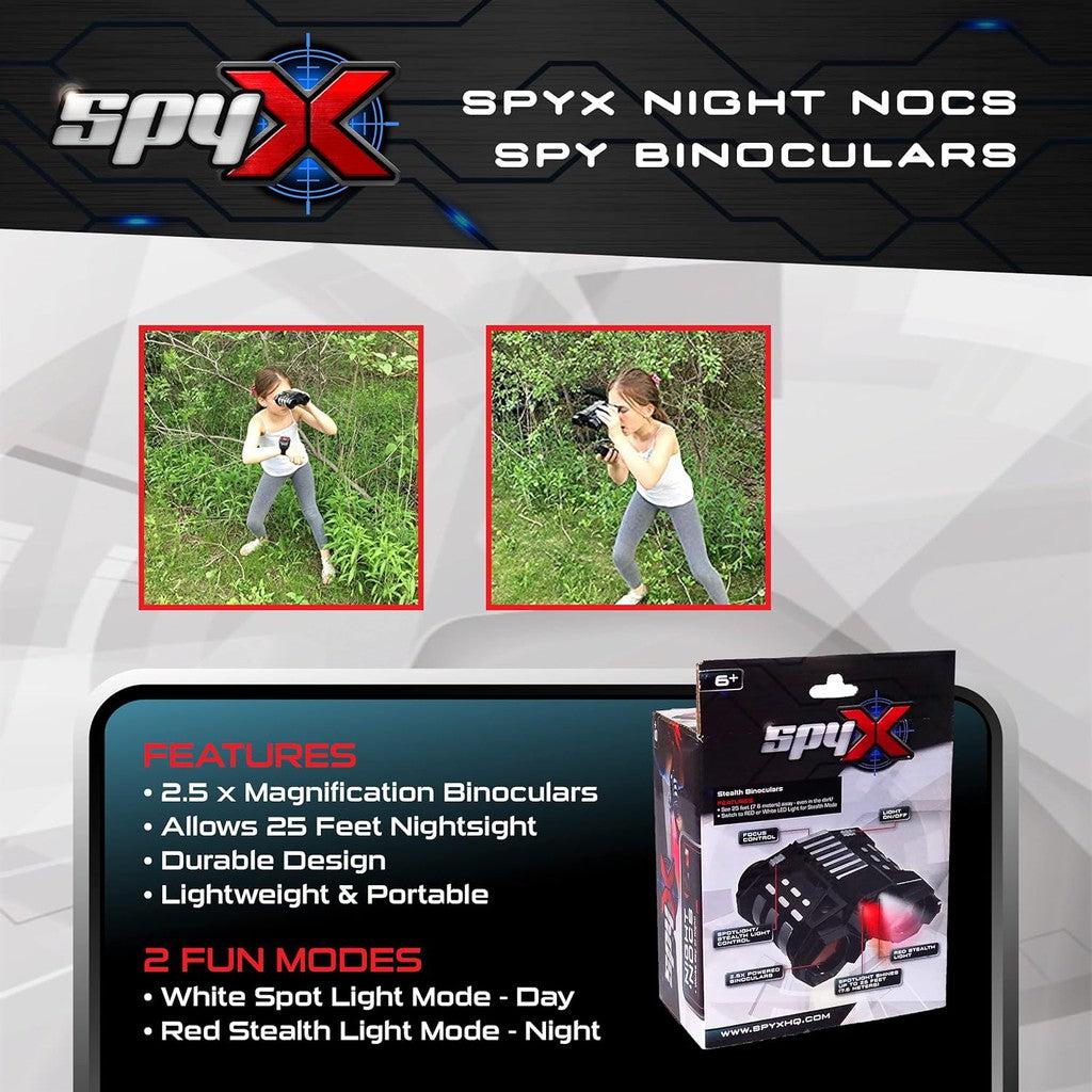 the image says spyx night nocs spy binoculars. the features include 2.5 times magnifications, 25 feet of nightsight, durable design, lightweight. there is a day mode and a night mode. 