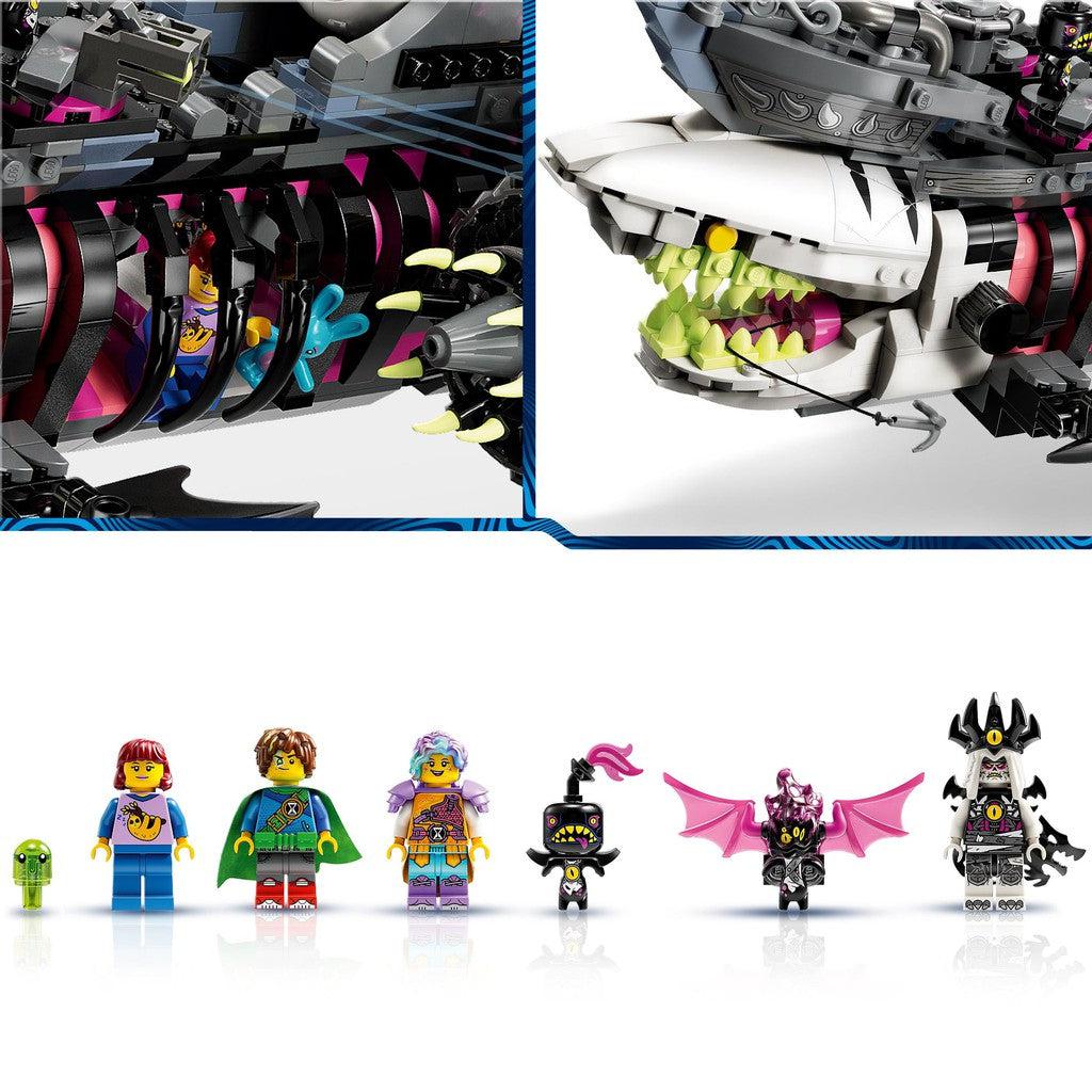 the shark ship has a rib cage to hold LEGO characters. there are 7 Dreamzzz  characters