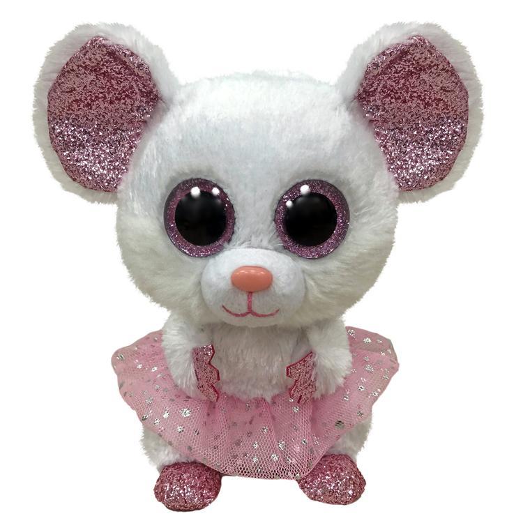 Image of the Nina the White Mouse plush. It is a completely white mouse with glittery pink ears, eyes, hands, and feet. She is also wearing a sparkly tutu.