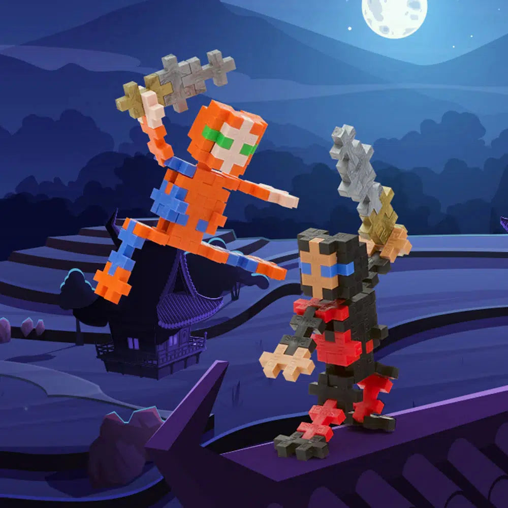 this image shows a ninja dressed in oragen and blue fighing a black and red dressed ninja. they both have swords