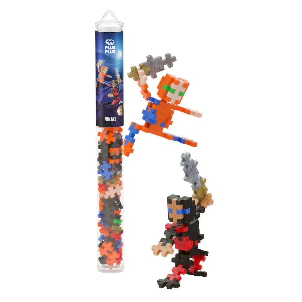 this image shows a tube full of plus plus bricks that make the two ninjas to play with!