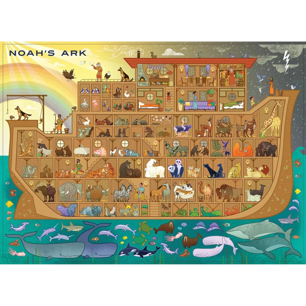 The puzzle is an x-ray view of Noah's Ark showing many floors and compartments for each pair of animals. You can see people feeding and taking care of the animals as well as Noah reaching out to a dove with an olive's branch in it's beak.