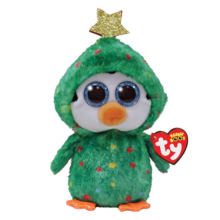 Image of the Noel Christmas Tree Penguin plush. It is a normal penguin with blue eyes wearing a Christmas tree hooded costume. It has spots on the tree for decorations and there is a golden star on top.