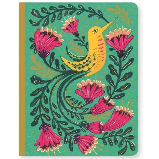 Image of the Melissa Notebook. On the front is a picture of a bird with pink flowers coming from its tail. The background is a light forest green.