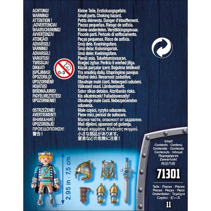 This picture shows the back of the box, showing the armor pieces seperately and the prince himself. the words warning choking hazzard are spread across in several languages