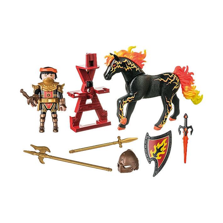 This picture shows all that is included in the package, the knight, his flaming horse, a magical sword, a spear, a halberd, a shield, and an obstacle to jump over. 