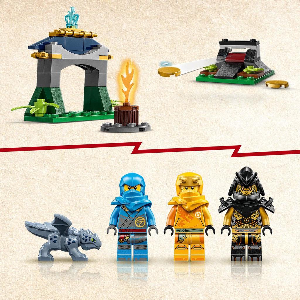 comes with several accessories and 4 Ninjago minifigures including a pet dragon