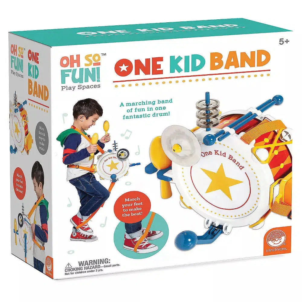 this image shows the one kid band. a drum set that has it all! its a marching band of dun in one fantastic drum!