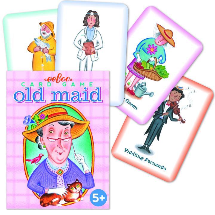 the classic game old maid with wonderfully whimsical art from eeBoo. the box is a pink shade with the old paid petting a cat on the front of the box, with some other cards spulling out to display the artwork