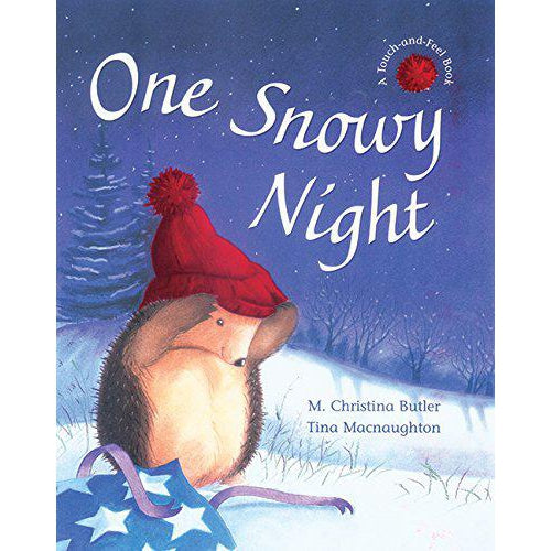 Image of the cover for the One Snowy Night book. On the front is a picture of a hedgehog putting of a red knitted hat.