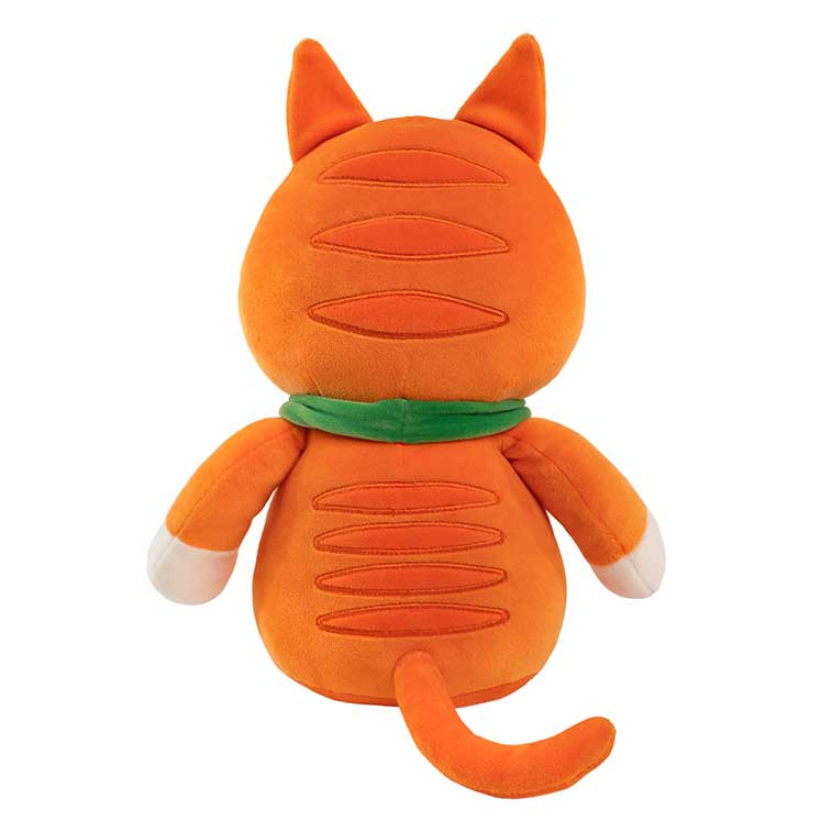 Back view of the plush. Shows that the cat has orange horizontal stripes on the back of the head and back.