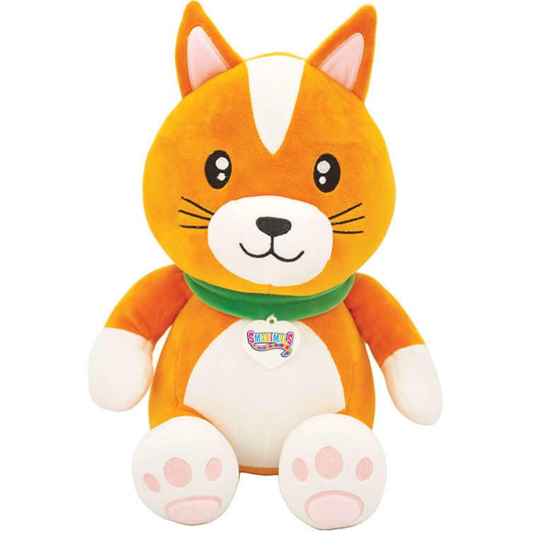 Image of the Orange Smanimals Cat plush. It is an orange cat with white belly, paws, and marking of the face. It comes with a green collar.