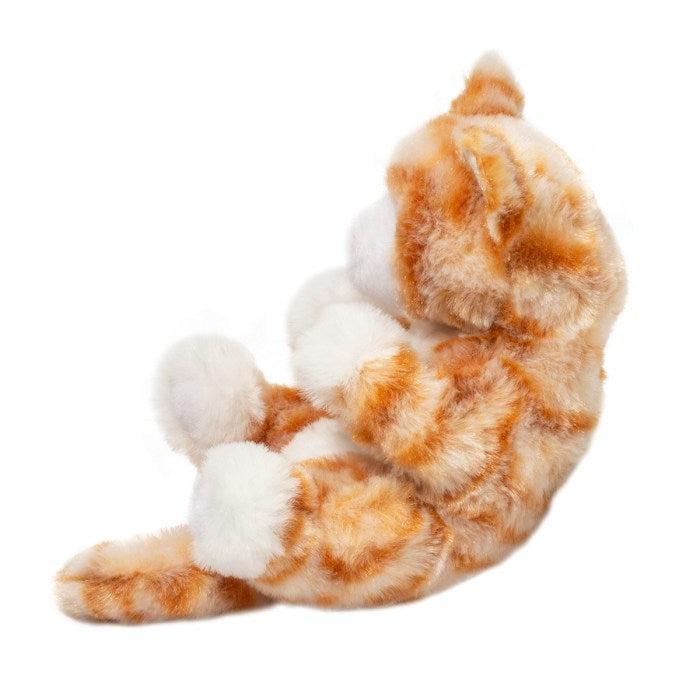 image shows a fluffy orange cay with dark stripes. the cat has white paws and is very fluffy