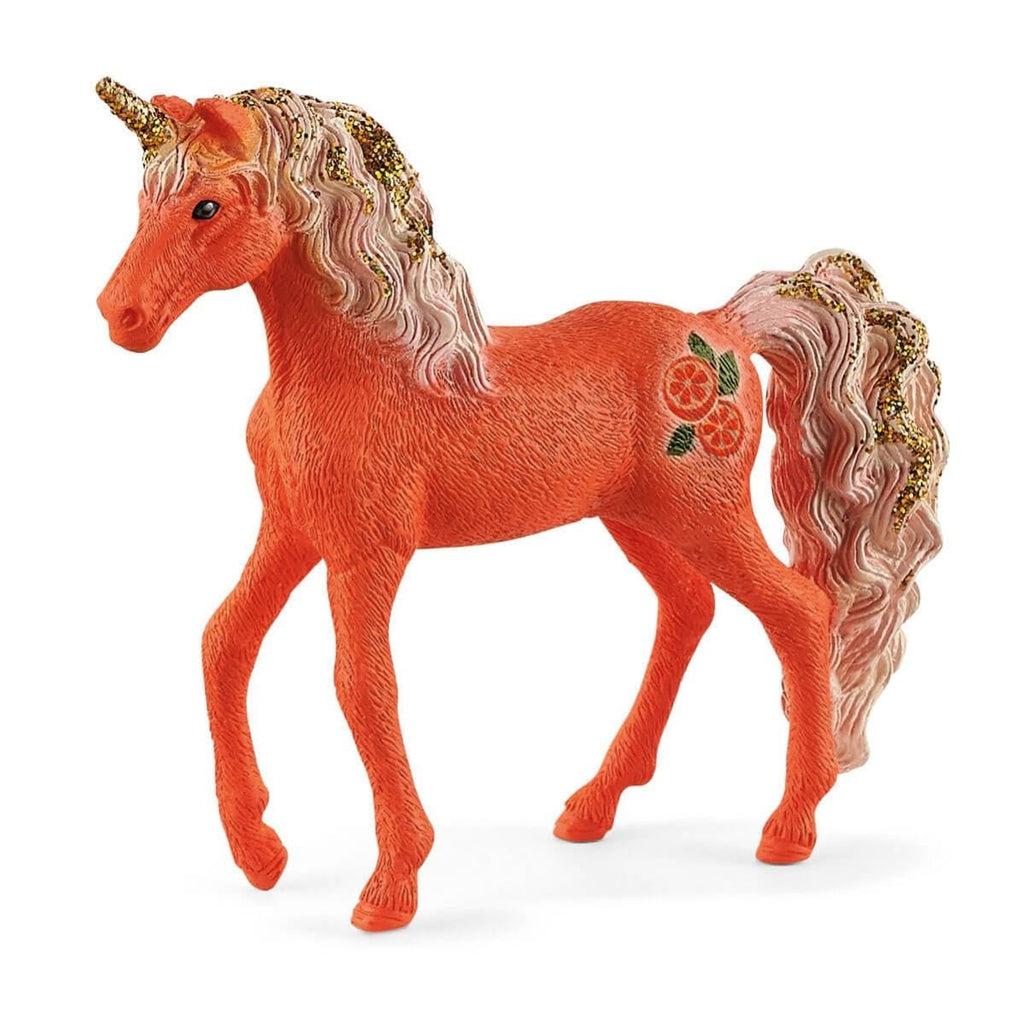 Image of the Orange Unicorn figurine. It is a neon orange unicorn with golden glittery hair and matching glittery horn.