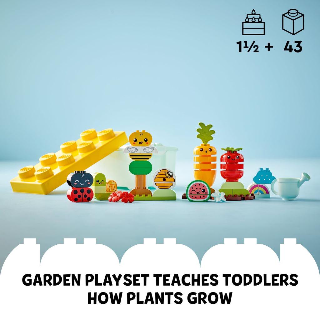 Image of the built playset outside of the packaging. Recommended Age: 18mo+ Number of Pieces: 43 Caption: Garden playset teaches toddlers how plants grow