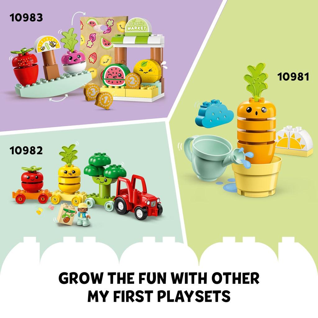 Three images of three different other Duplo organic playsets. Their codes are 10983, 10982, and 10981. Caption: Grow the fun with other My First playsets.