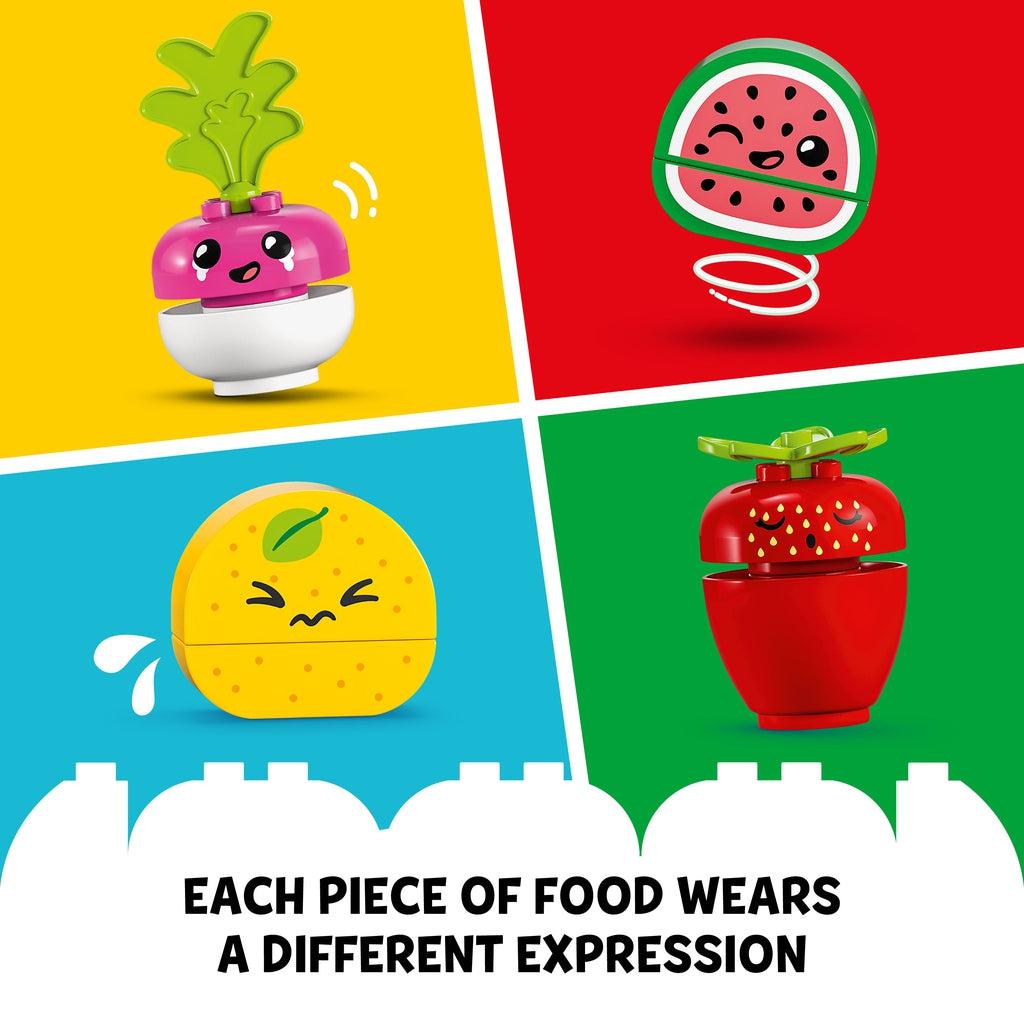 Close up of some of the included fruit and veggies figures. Some of these include an orange, a strawberry, a watermelon, and a radish. Caption: Each piece of food wears a different expression.