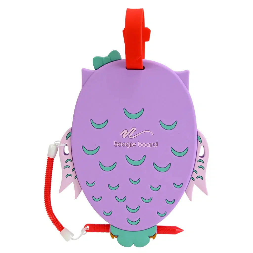 image shows the back of izzy the owl. the words boogie board are branded on her back