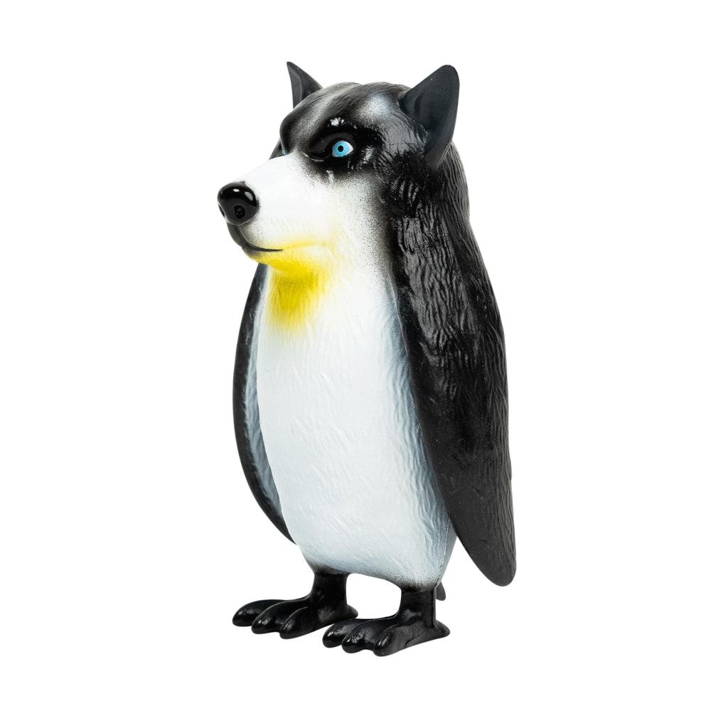 Image of the P-Dawg Figure. It is an emporor penguin body with a husky dog's face. It has yellow coloring under its chin.