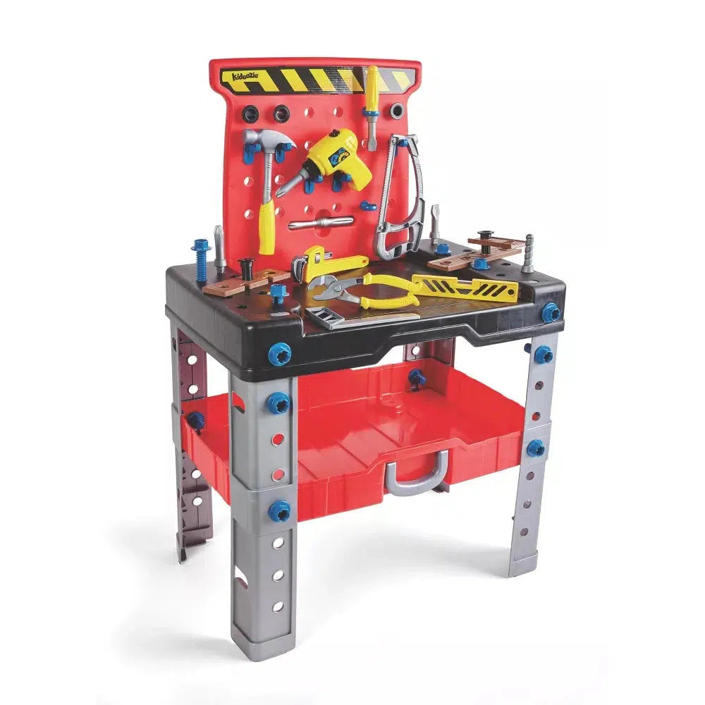 A picture displaying the case unfolded into  a workbench for easy play and use, with all the tools hanging on racks.