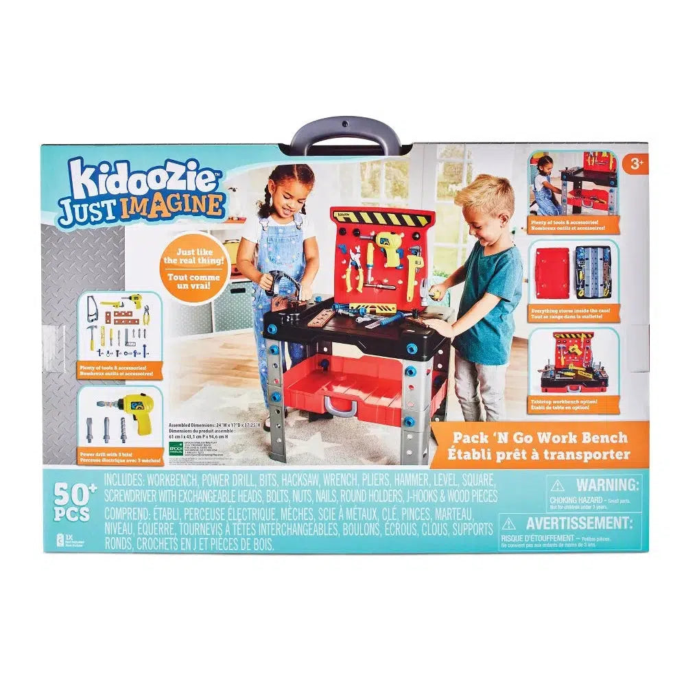 Box of the Just Imagine Pack 'N Go showing two kids uning the prop workbench with the tools inside